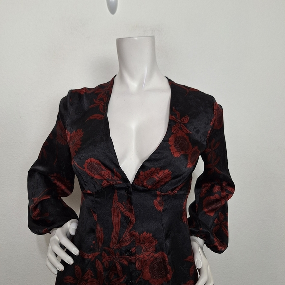 Zara "NEW" Black Red Floral Button Front Witchy Whimisigoth Mini Dress Size XS - Picture 3 of 15